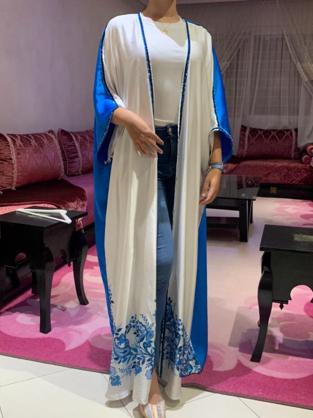 Elegant White & Blue Floral Long Kimono Dress
